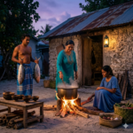 A local Maldivian woman in a teal dress cooking over an open wood fire in a traditional coral stone kitchen, while a guest assists and a fisherman brings fresh catch.