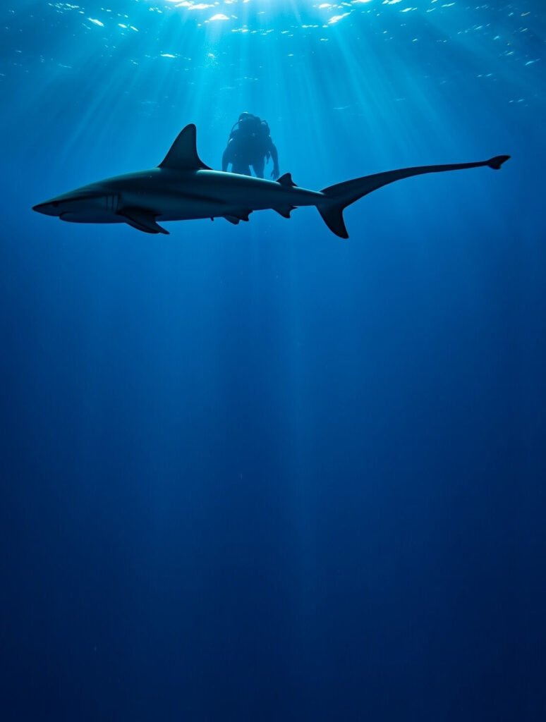 A silhouette of a long-tailed Thresher Shark swimming in deep blue water with a scuba diver silhouetted above against bright sunbeams in Fuvahmulah, Maldives.