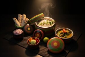 Authentic Maldivian dinner featuring steaming white rice, spicy fish curry, and chapati flatbread served in traditional lacquerware-style containers with warm spotlighting.